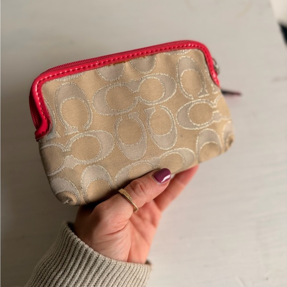 Coach Beige Signature Wristlet with Coral Trim - Picture 4 of 6